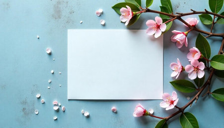 Blossom branch and blank card on a soft background