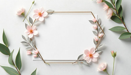 Floral frame with pink blossoms and white center areaの写真素材
