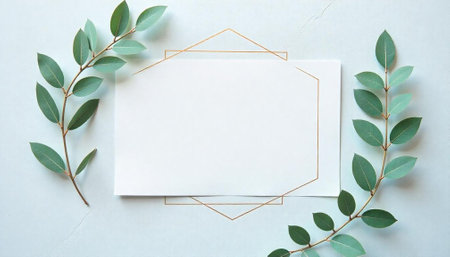 Elegant stationery mockup with eucalyptus branches and golden frameの写真素材