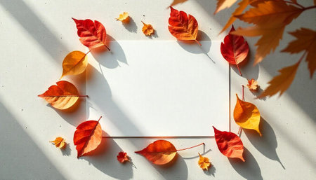 Autumn leaves framing white space on textured surface