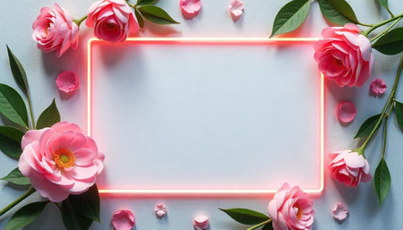 Pink roses around neon frame for text or product placementの写真素材