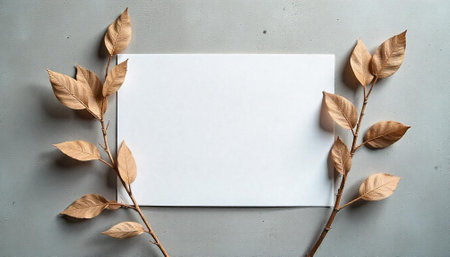 Neutral toned backdrop with gold leaves and paper cardの写真素材