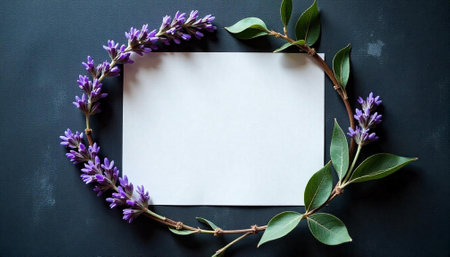 Lavender and leaves frame a blank white card stockの写真素材