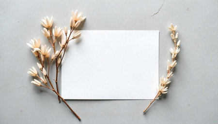 Elegant blank card with dried floral decorations, light grey backgroundの写真素材