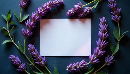 Floral frame with purple blooms and copy space paperの写真素材