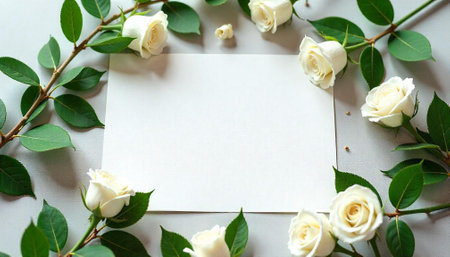 Elegant white roses frame a blank card for textの写真素材
