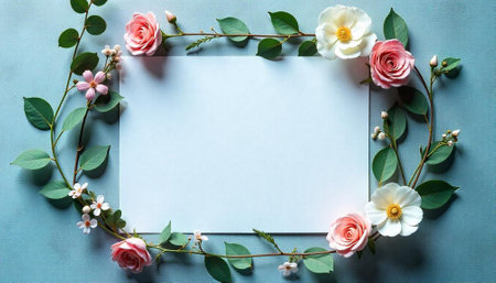 Floral frame with pink roses and white flowersの写真素材