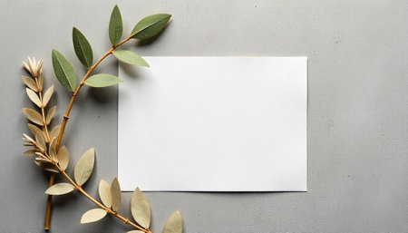 Blank card mockup with foliage frame on grey backgroundの写真素材
