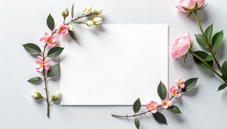 Elegant floral frame with white paper card for messageの写真素材