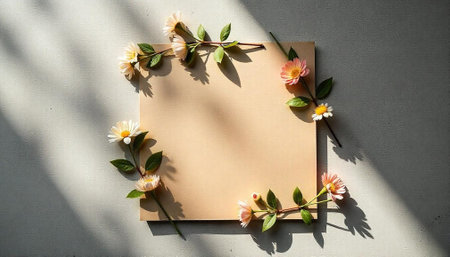 Elegant floral frame with light tan paper copy spaceの写真素材