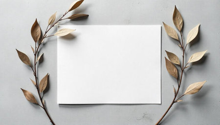 Elegant mockup with golden leaves on gray background squareの写真素材