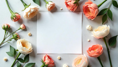 Floral frame with blank paper card on grey backgroundの写真素材