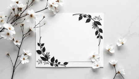 Elegant Floral Frame with White Blossoms on White Surface