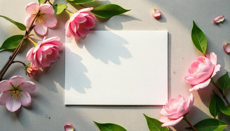 Blank white card with delicate pink floral decorationsの写真素材