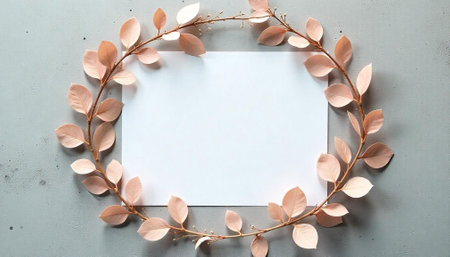 Delicate leaf wreath framing blank card on textured backgroundの写真素材