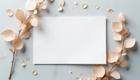 Clean white card framed by elegant beige dried foliageの写真素材