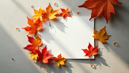 Autumn leaves frame blank paper sheet flat lay mockupの写真素材