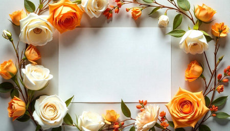 Floral frame with orange and white roses around paperの写真素材