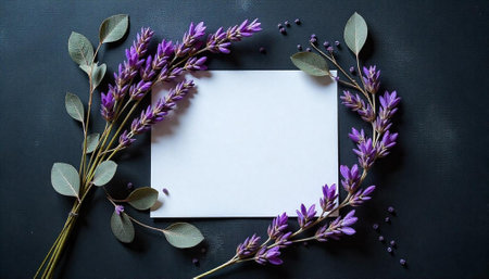 Purple floral arrangement on dark background with white cardの写真素材