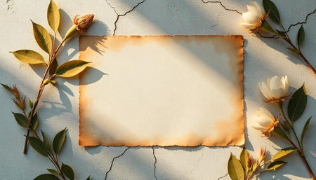 Vintage paper on cracked wall with flower branch decoration