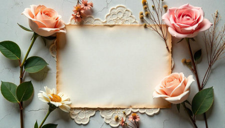 Floral frame with roses and blank paper for textの写真素材
