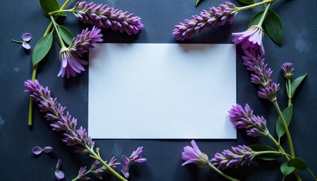 Floral mockup with blank card on dark backgroundの写真素材