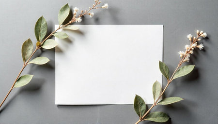 Elegant white card mockup with foliage on gray backgroundの写真素材