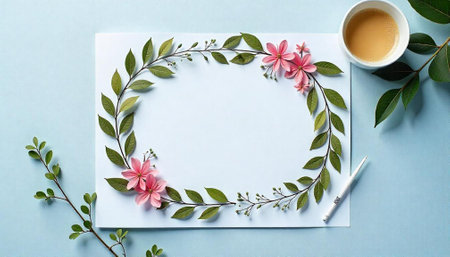 Elegant floral frame with coffee cup on pastel backgroundの写真素材