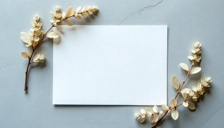 Elegant paper mockup with dried floral accents on gray surface