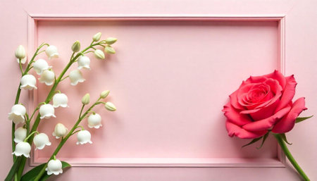 Pink background with rose and lily of the valleyの写真素材