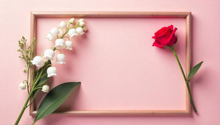 Floral frame with lily of the valley and roseの写真素材