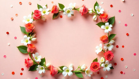 Floral frame of pink roses and white blossoms backgroundの写真素材