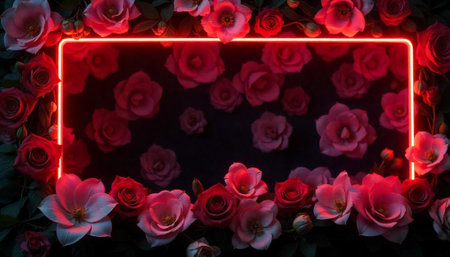 Floral border with neon light frame on dark backgroundの写真素材