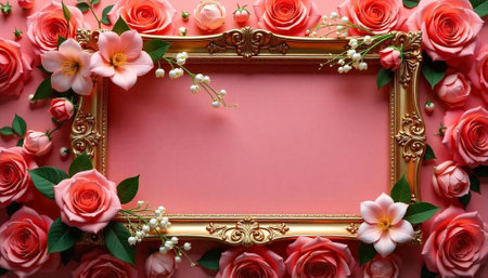 Floral frame with roses and pink background design templateの写真素材