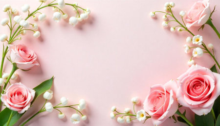 Elegant pink roses and lily of the valley floral arrangementの写真素材