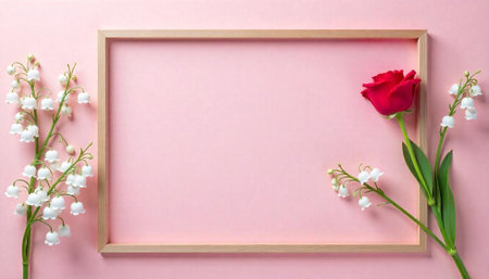 Floral frame with pink backdrop and delicate flower arrangementsの写真素材
