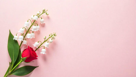 Red rose and lily of the valley on pink backgroundの写真素材