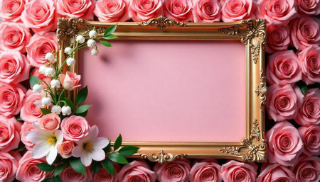 Elegant gold frame surrounded by pink roses and flowersの写真素材