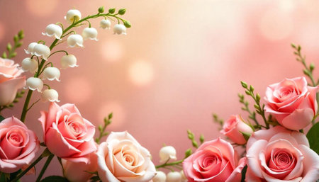 Romantic floral arrangement with roses and lily of the valleyの写真素材