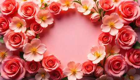 Floral wreath with pink roses and dogwood blossoms frameの写真素材