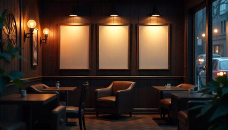 Cozy cafe interior with blank framed posters on wallの写真素材