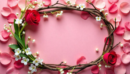 Elegant floral arrangement with roses and petals on pink backgroundの写真素材