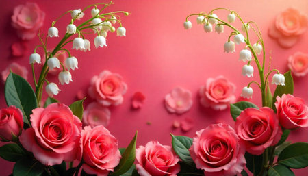 Elegant pink roses and lily of the valley flower frameの写真素材