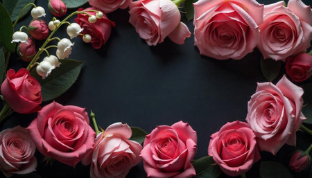 Elegant roses and lily of the valley floral frameの写真素材
