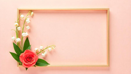 Floral frame with rose and lily on pink backgroundの写真素材