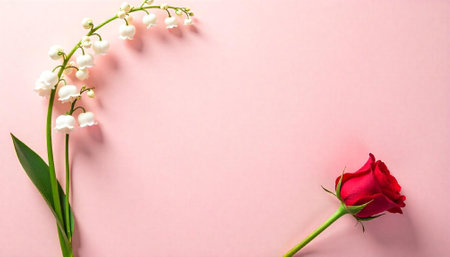 Lily of the valley and rose on pink backgroundの写真素材