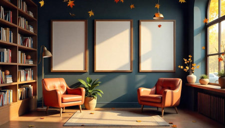 Autumn inspired room interior featuring empty picture frames and armchairsの写真素材