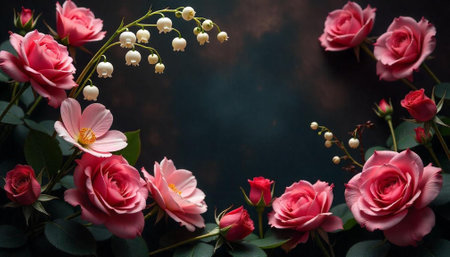Pink roses and lilies of the valley floral arrangementの写真素材