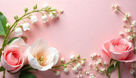 Elegant floral frame with roses and lily of the valley