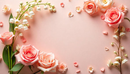 Soft pink floral arrangement with roses and lily of valleyの写真素材